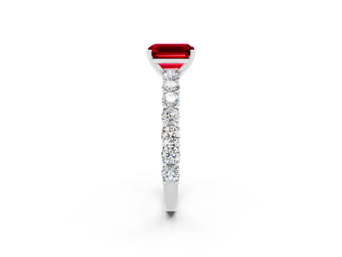 White gold Emerald Cut Ruby Solitaire Ring with Shared Prong Pavé Band and Four-Prong Setting_2