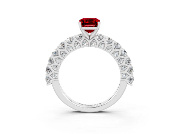 White gold Emerald Cut Ruby Solitaire Ring with Shared Prong Pavé Band and Four-Prong Setting