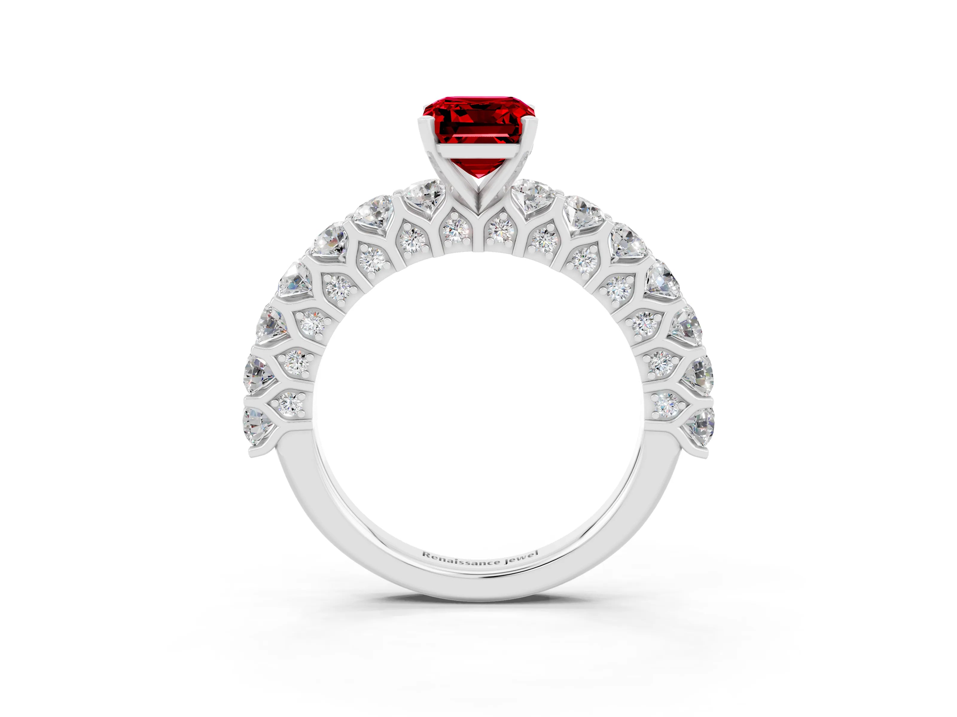 White gold Emerald Cut Ruby Solitaire Ring with Shared Prong Pavé Band and Four-Prong Setting_3