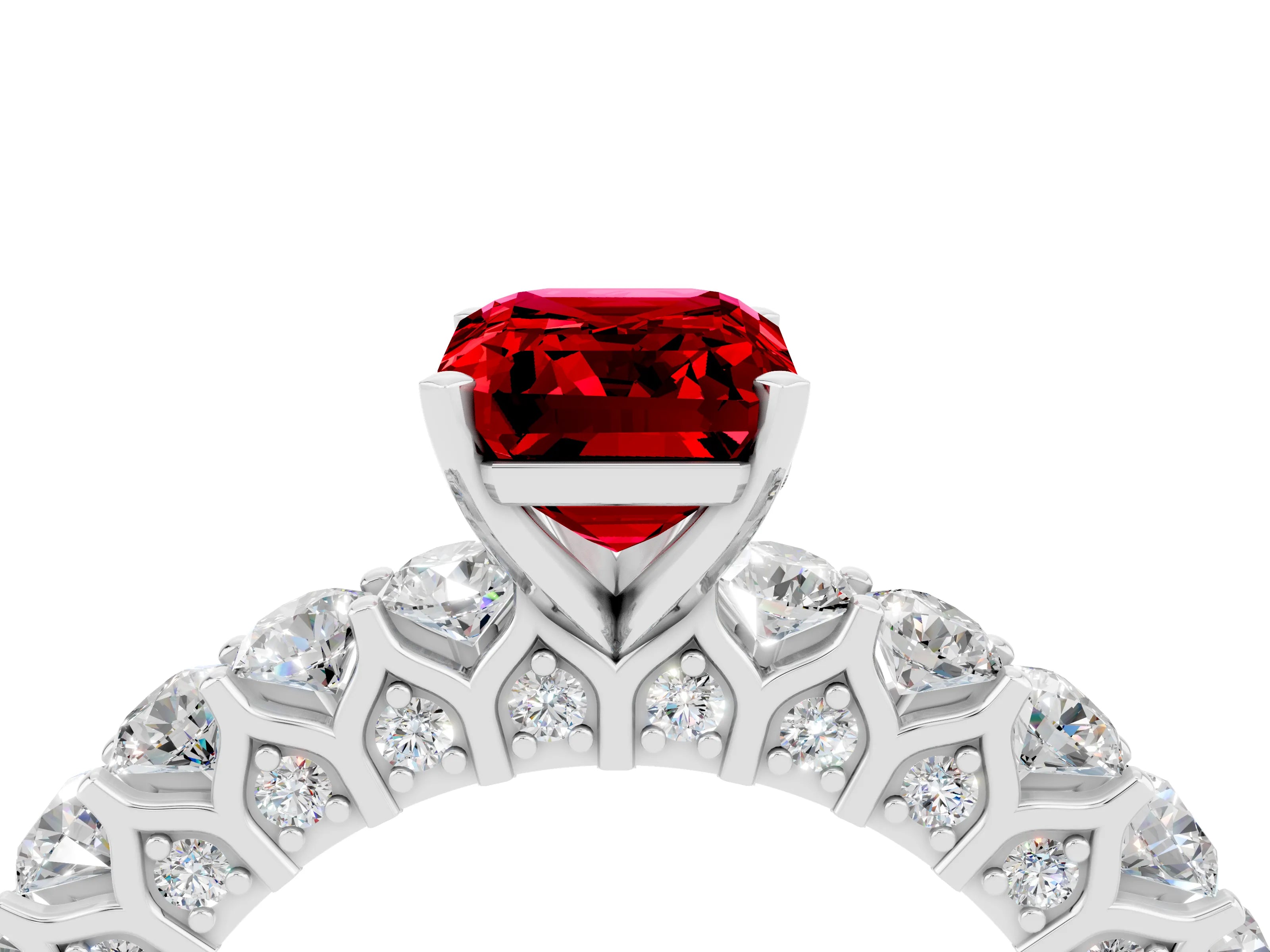 White gold Emerald Cut Ruby Solitaire Ring with Shared Prong Pavé Band and Four-Prong Setting_4
