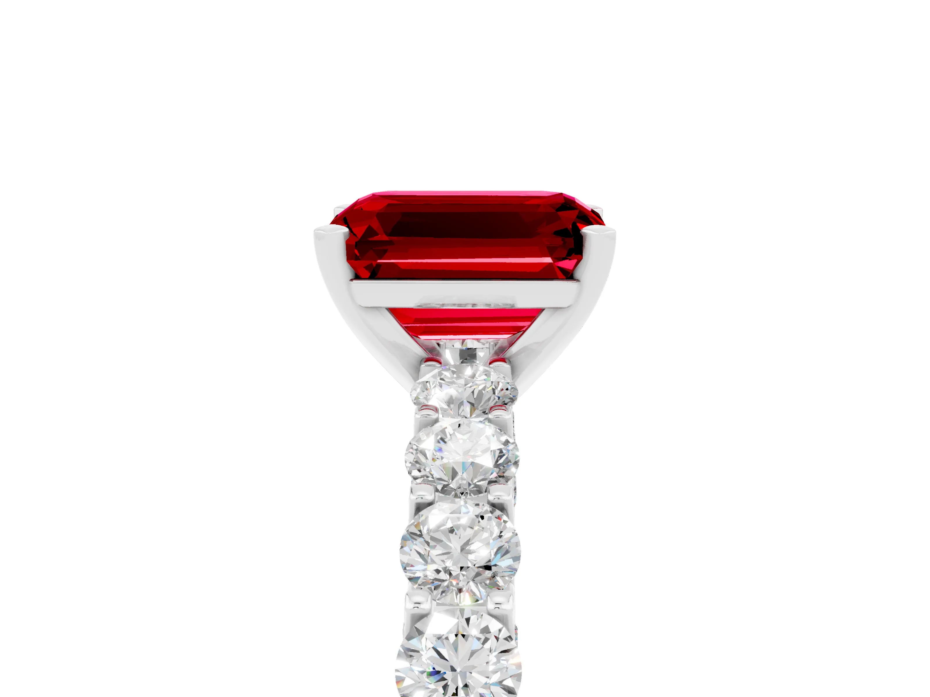 White gold Emerald Cut Ruby Solitaire Ring with Shared Prong Pavé Band and Four-Prong Setting_5