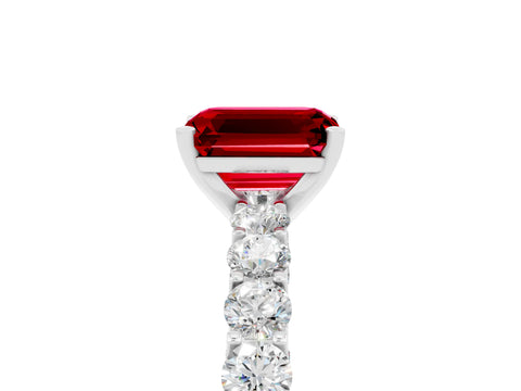 White gold Emerald Cut Ruby Solitaire Ring with Shared Prong Pavé Band and Four-Prong Setting_5
