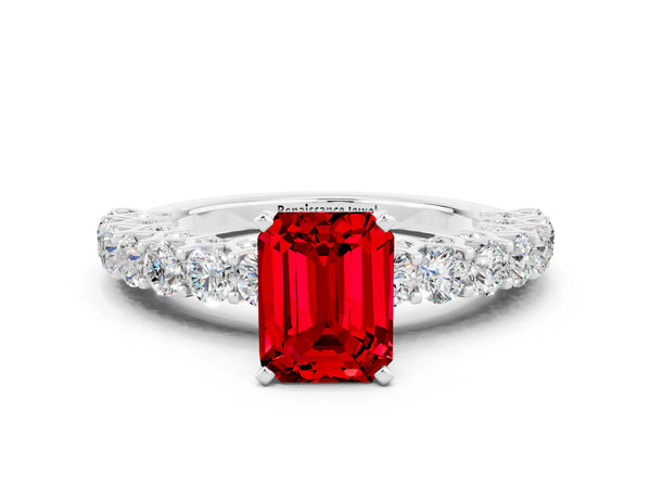 White gold Emerald Cut Ruby Solitaire Ring with Shared Prong Pavé Band and Four-Prong Setting