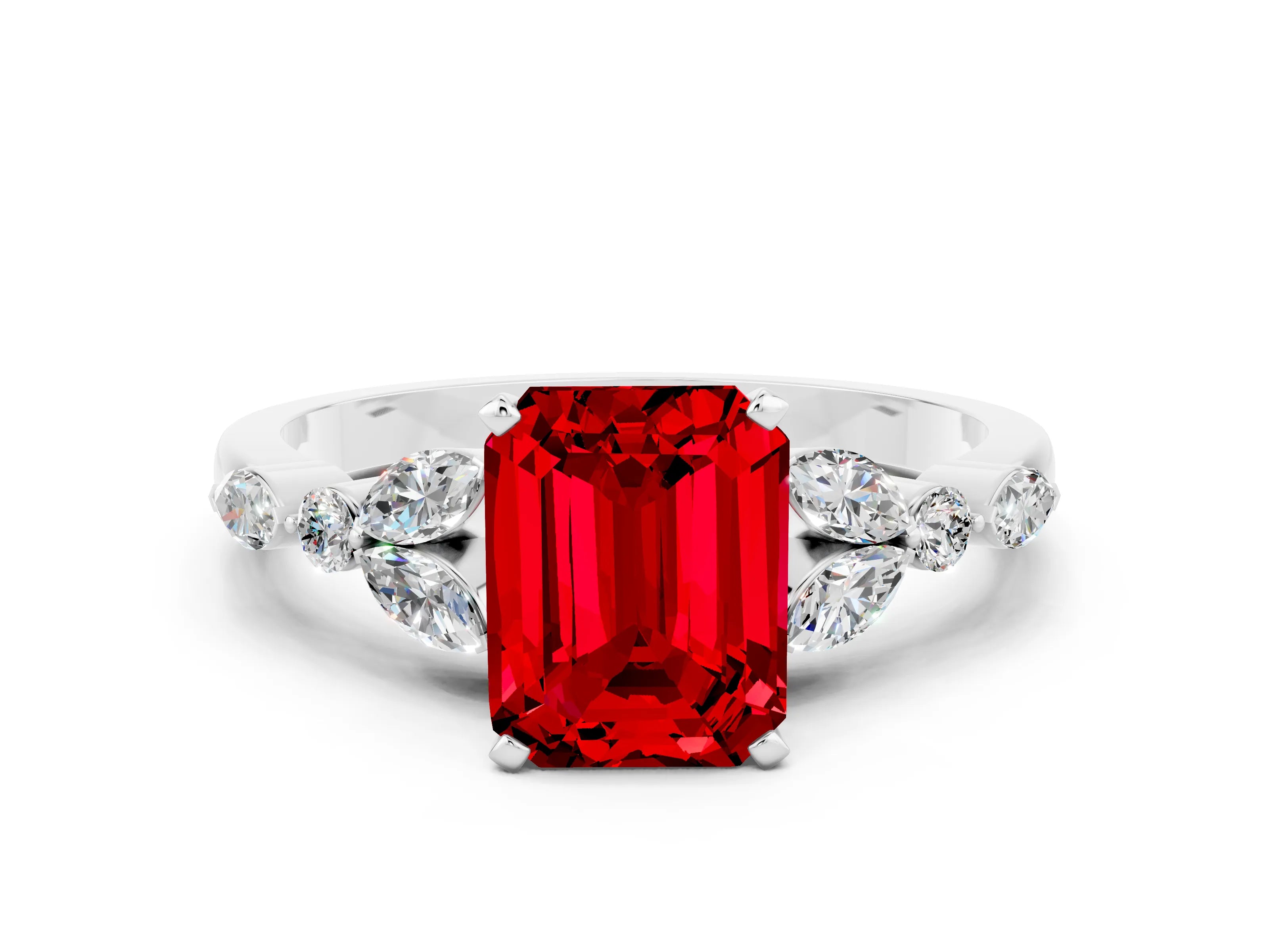 White gold Emerald Cut Ruby Solitaire Ring with Side Stones and Four-Prong Setting_12