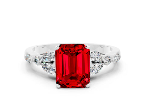 White gold Emerald Cut Ruby Solitaire Ring with Side Stones and Four-Prong Setting_12