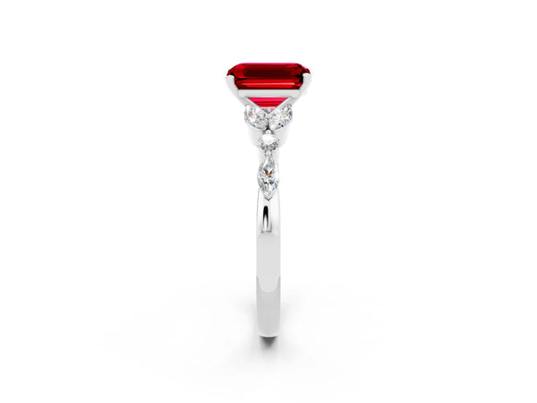 Silver Emerald Cut Ruby Solitaire Ring with Side Stones and Four-Prong Setting