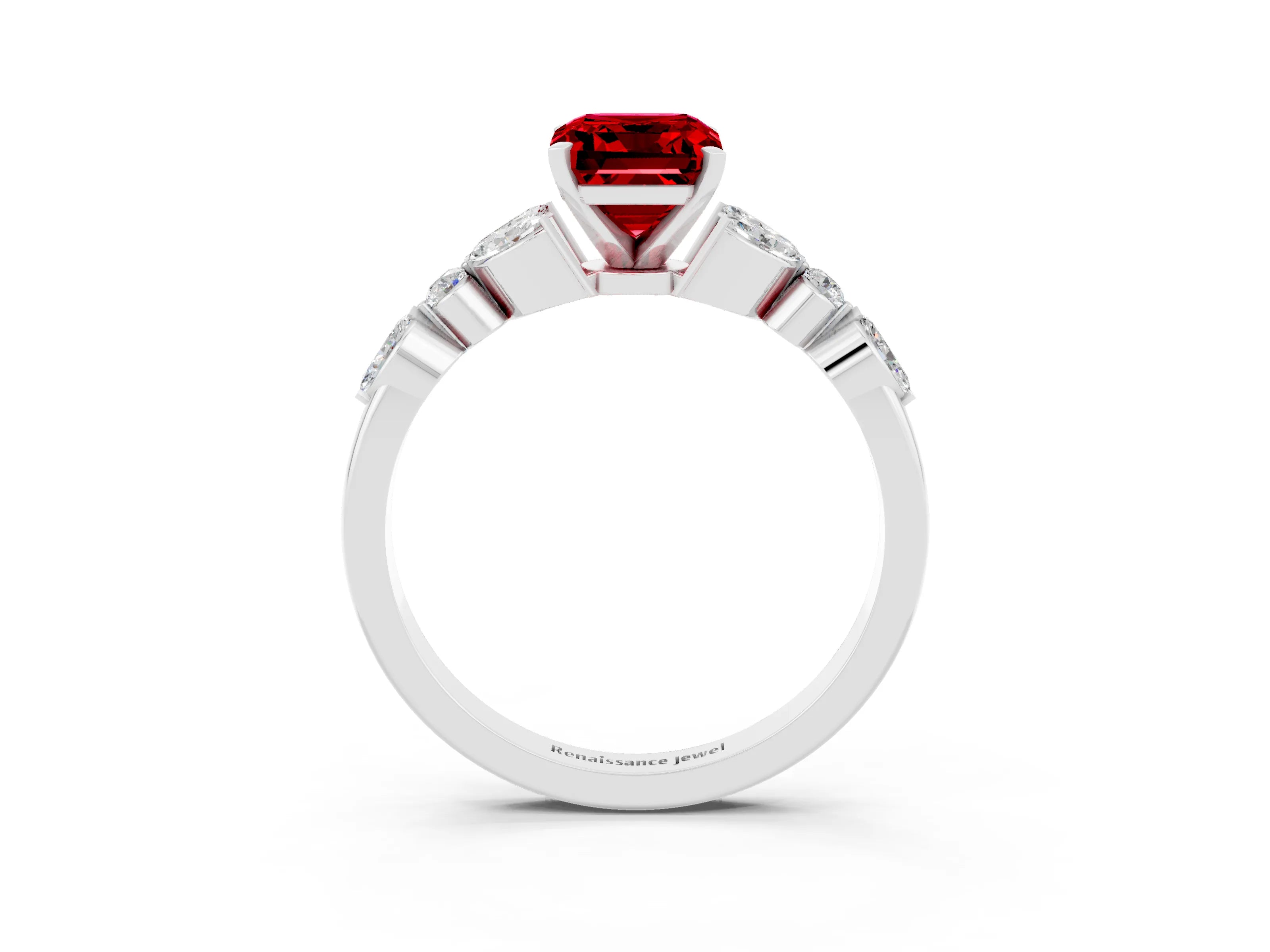 White gold Emerald Cut Ruby Solitaire Ring with Side Stones and Four-Prong Setting_15