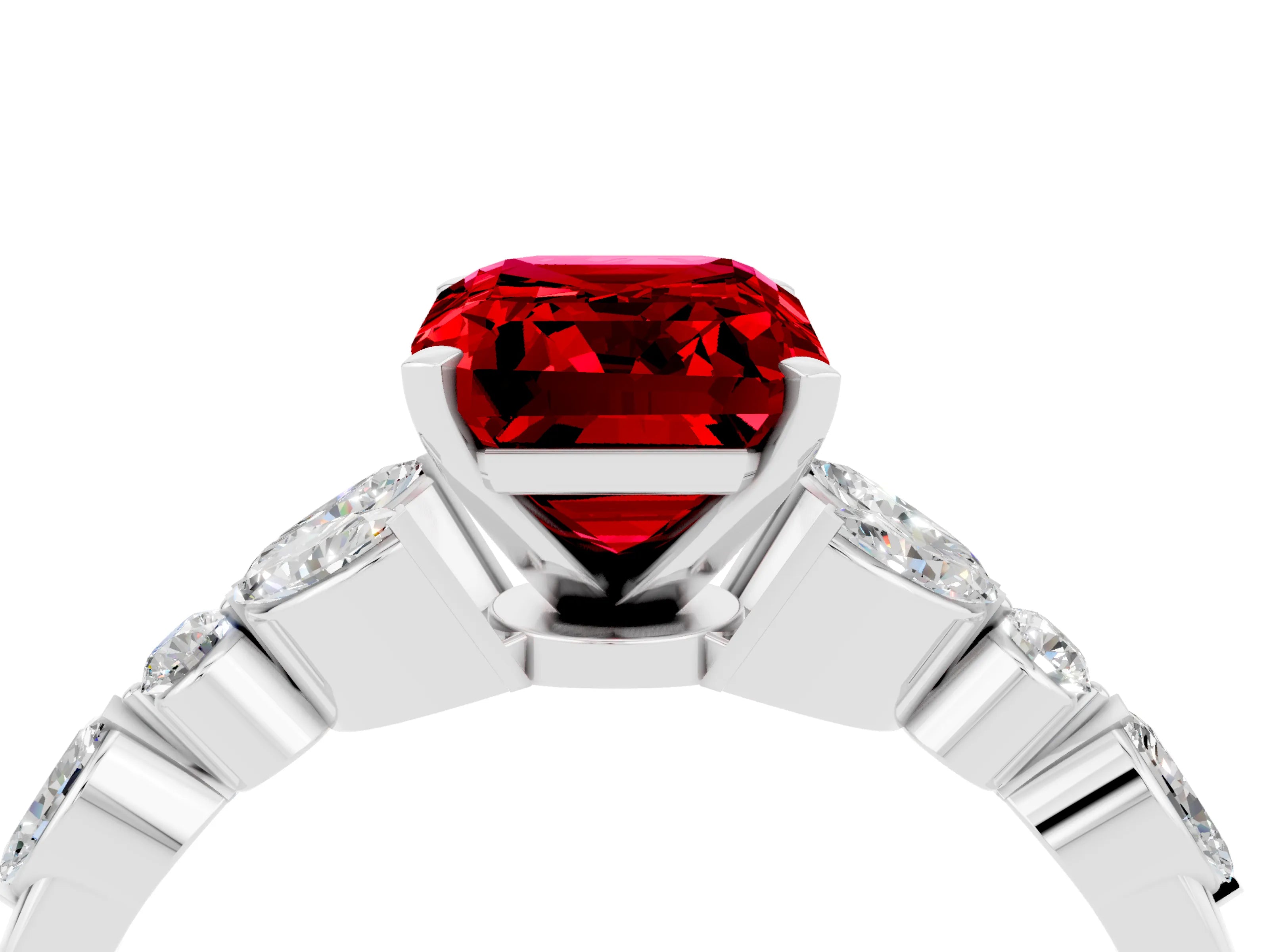 White gold Emerald Cut Ruby Solitaire Ring with Side Stones and Four-Prong Setting_16