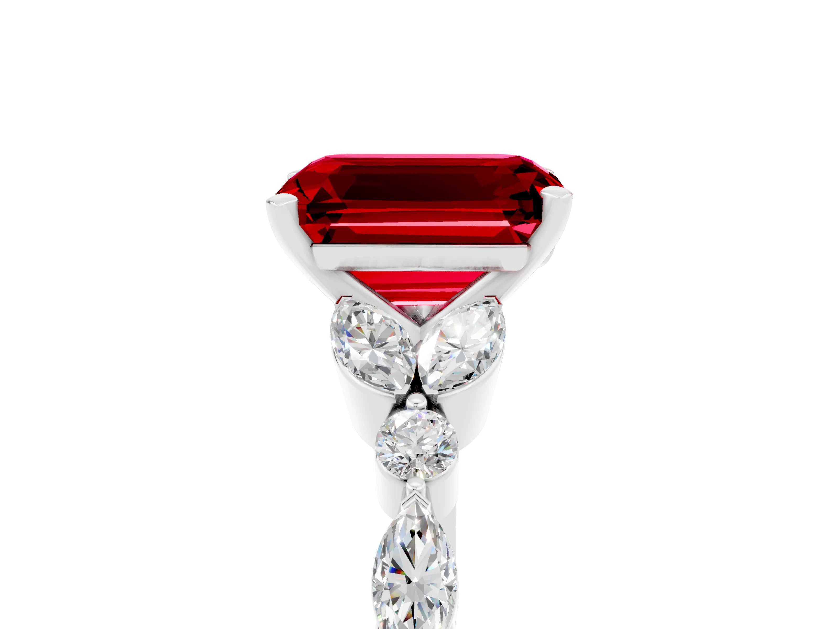 White gold Emerald Cut Ruby Solitaire Ring with Side Stones and Four-Prong Setting_17