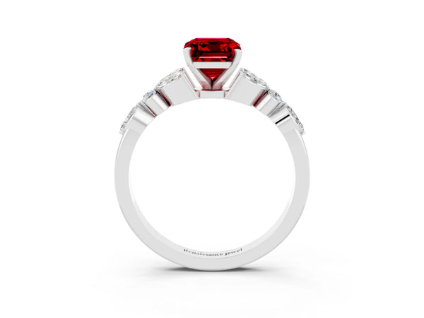 White gold Emerald Cut Ruby Solitaire Ring with Side Stones and Four-Prong Setting