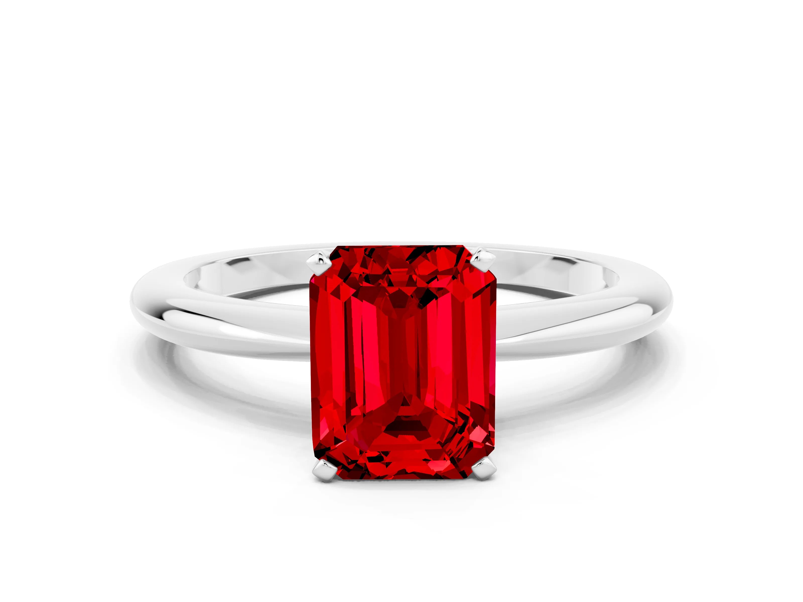 White gold Emerald Cut Ruby Solitaire Ring with Six-Prong Setting and Classic Band