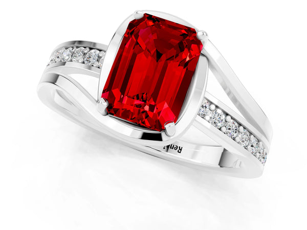 Platinum Emerald Cut Ruby Solitaire Ring with Split Shank and Prong Setting