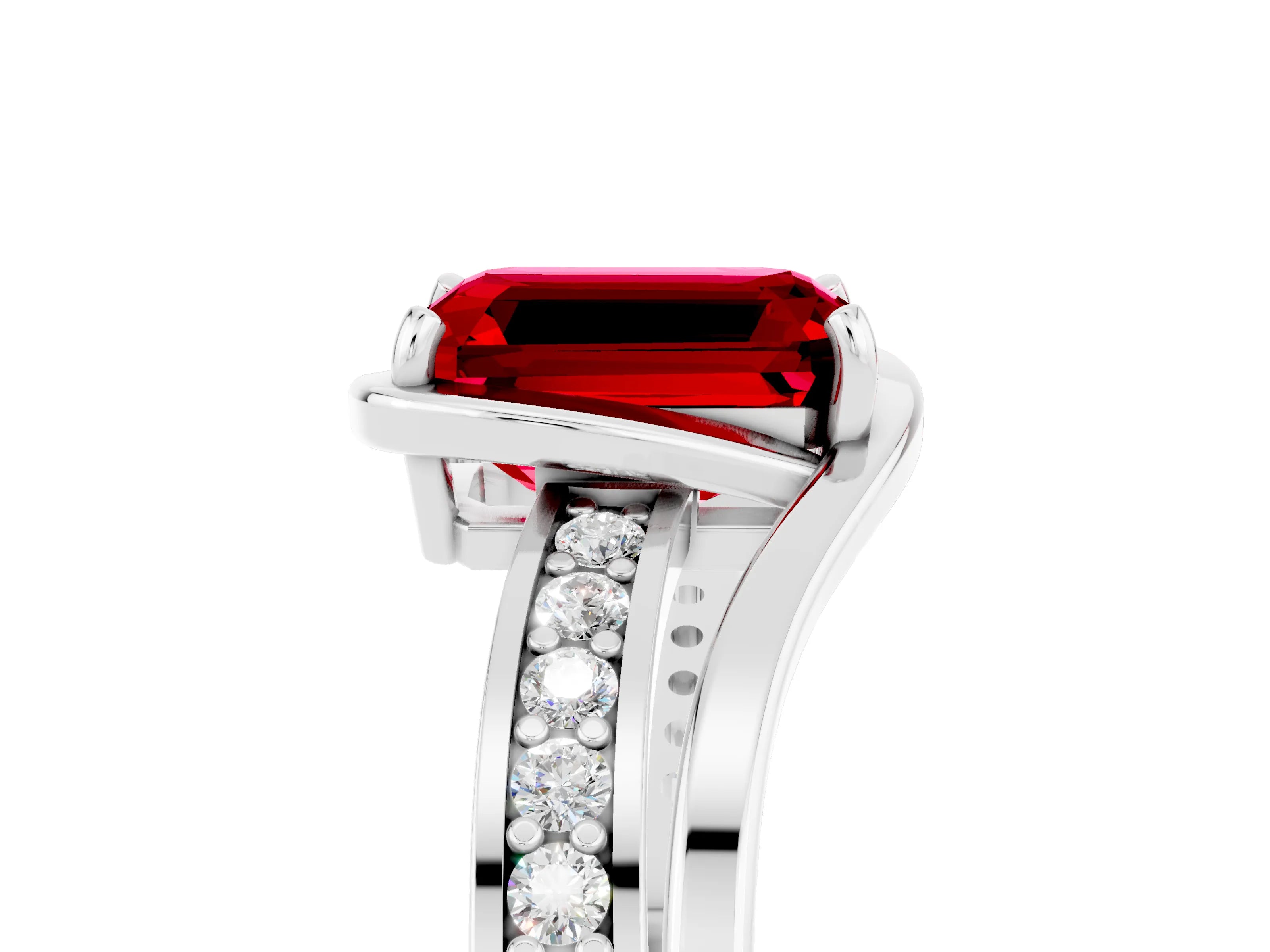 White gold Emerald Cut Ruby Solitaire Ring with Split Shank and Prong Setting_5
