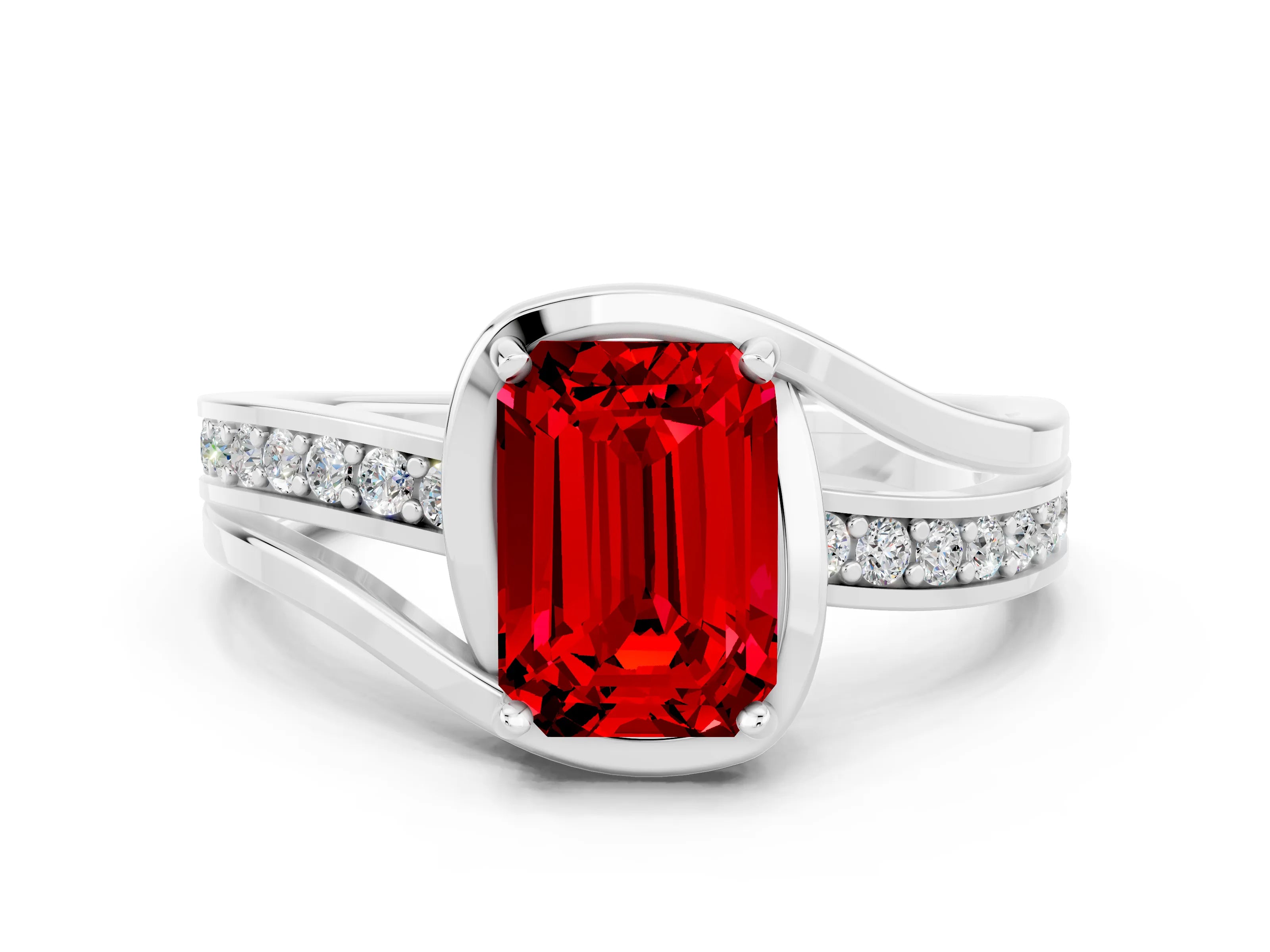 White gold Emerald Cut Ruby Solitaire Ring with Split Shank and Prong Setting