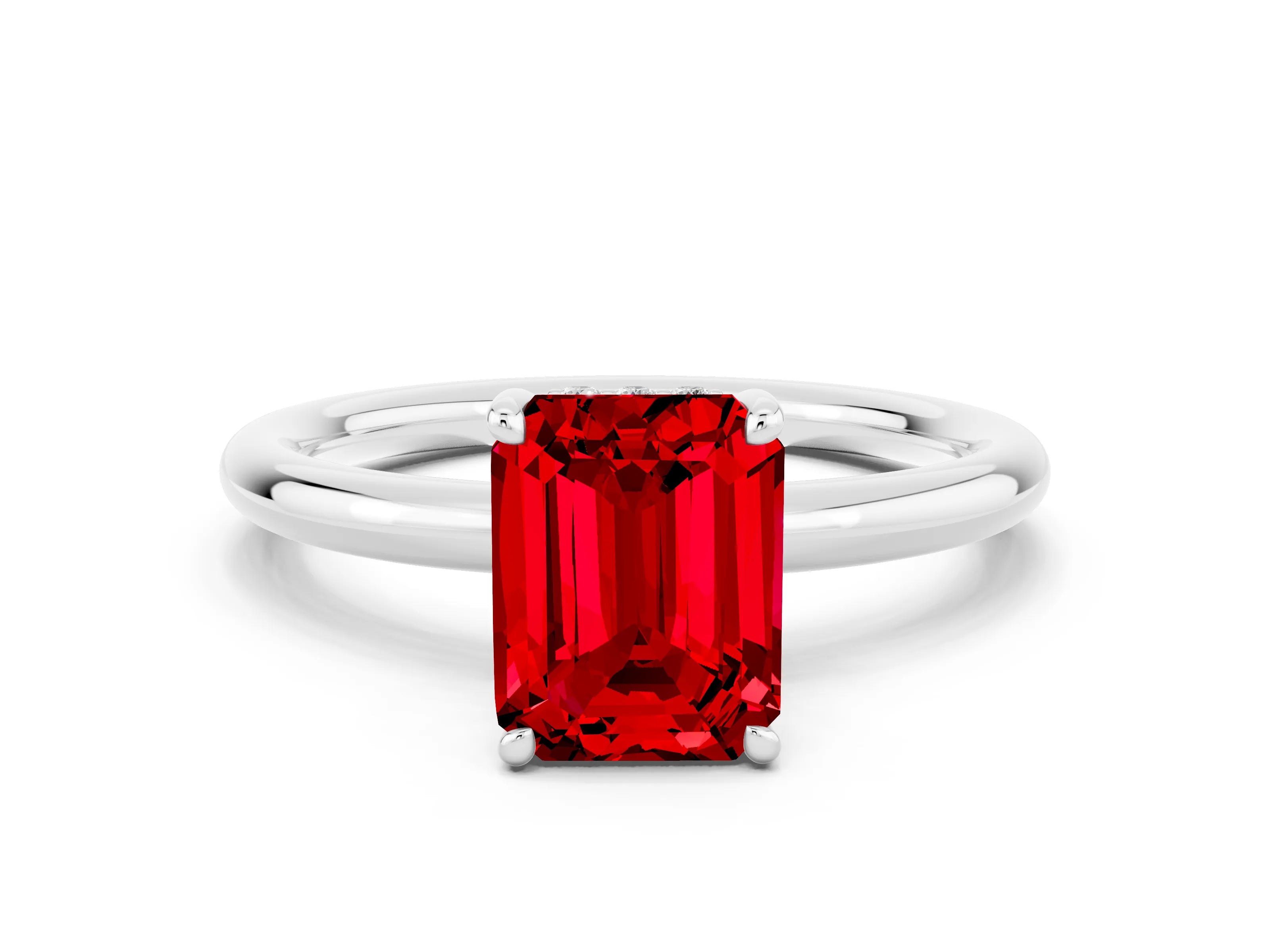 White gold Emerald Cut Ruby Solitaire Ring with Thin Band and Four-Prong Setting_12