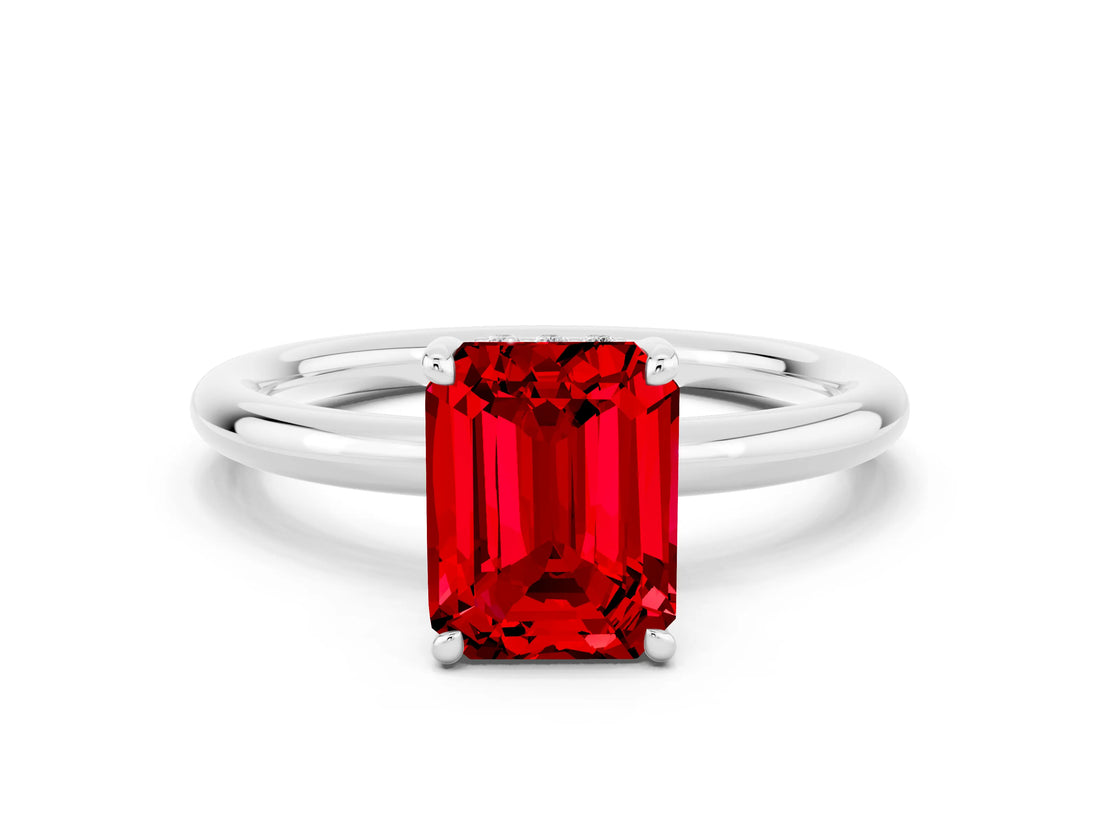 White gold Emerald Cut Ruby Solitaire Ring with Thin Band and Four-Prong Setting_12