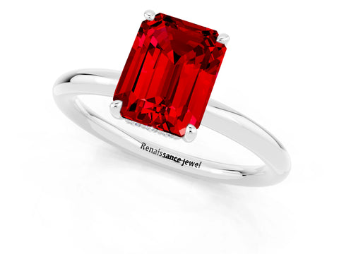 White gold Emerald Cut Ruby Solitaire Ring with Thin Band and Four-Prong Setting_13