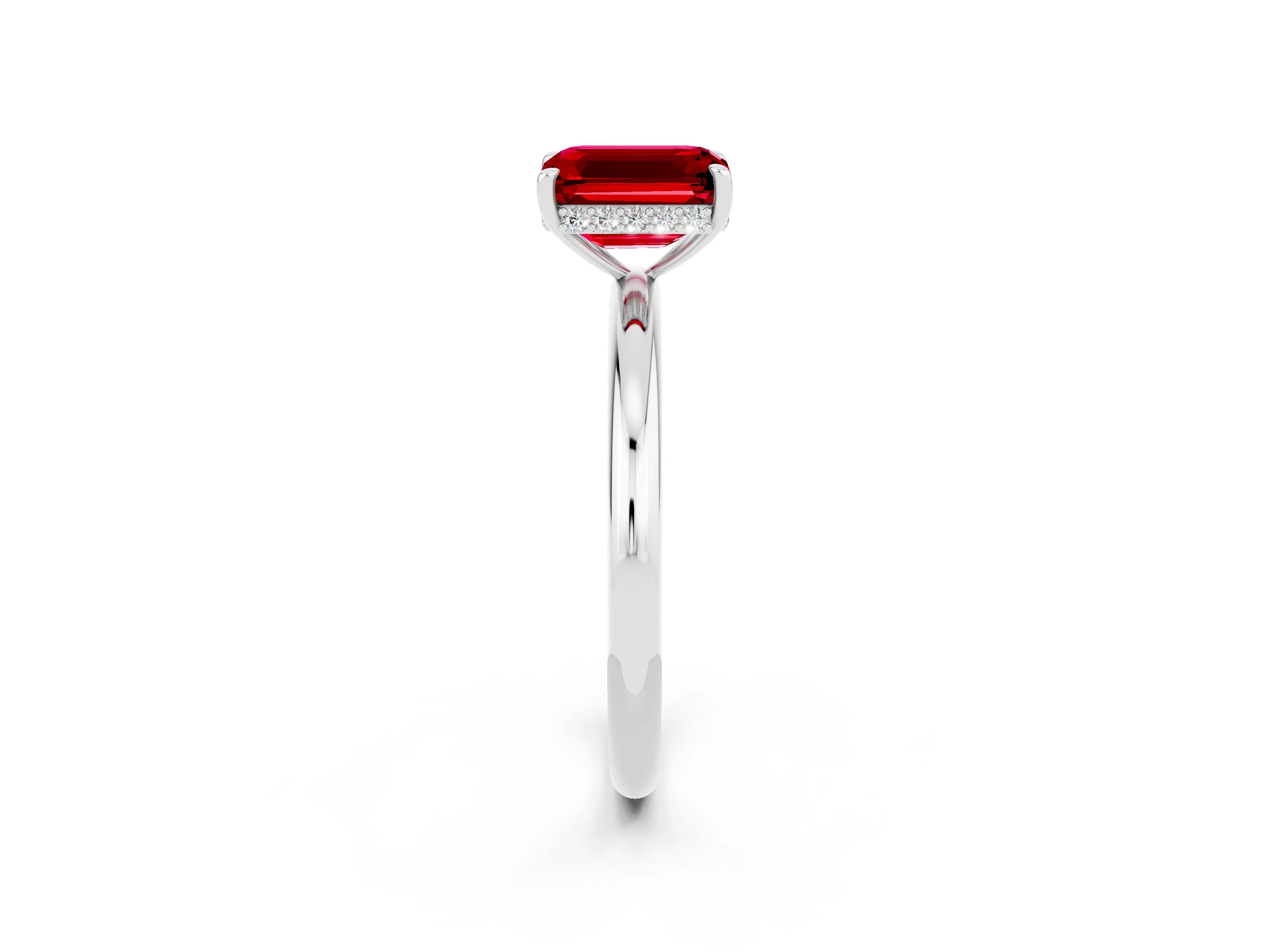 White gold Emerald Cut Ruby Solitaire Ring with Thin Band and Four-Prong Setting_14