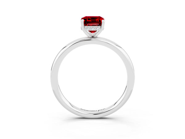 Platinum Emerald Cut Ruby Solitaire Ring with Thin Band and Four-Prong Setting