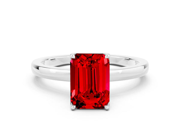 Silver Emerald Cut Ruby Solitaire Ring with Thin Band and Prong Setting