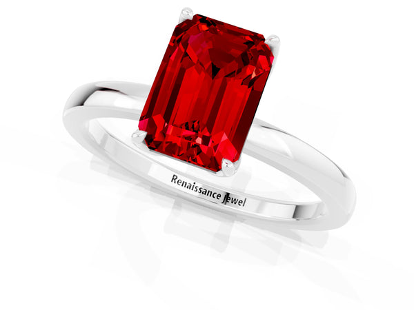 Platinum Emerald Cut Ruby Solitaire Ring with Thin Band and Prong Setting