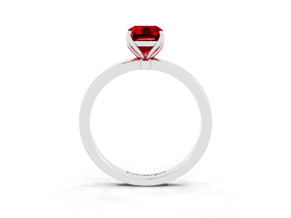 White gold Emerald Cut Ruby Solitaire Ring with Thin Band and Prong Setting