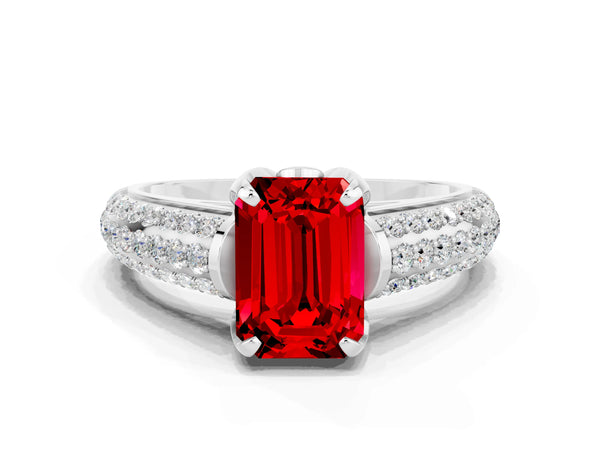 Silver Emerald Cut Ruby Solitaire Ring with Three-Row Pavé Band and Four-Prong Setting