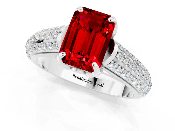 White gold Emerald Cut Ruby Solitaire Ring with Three-Row Pavé Band and Four-Prong Setting