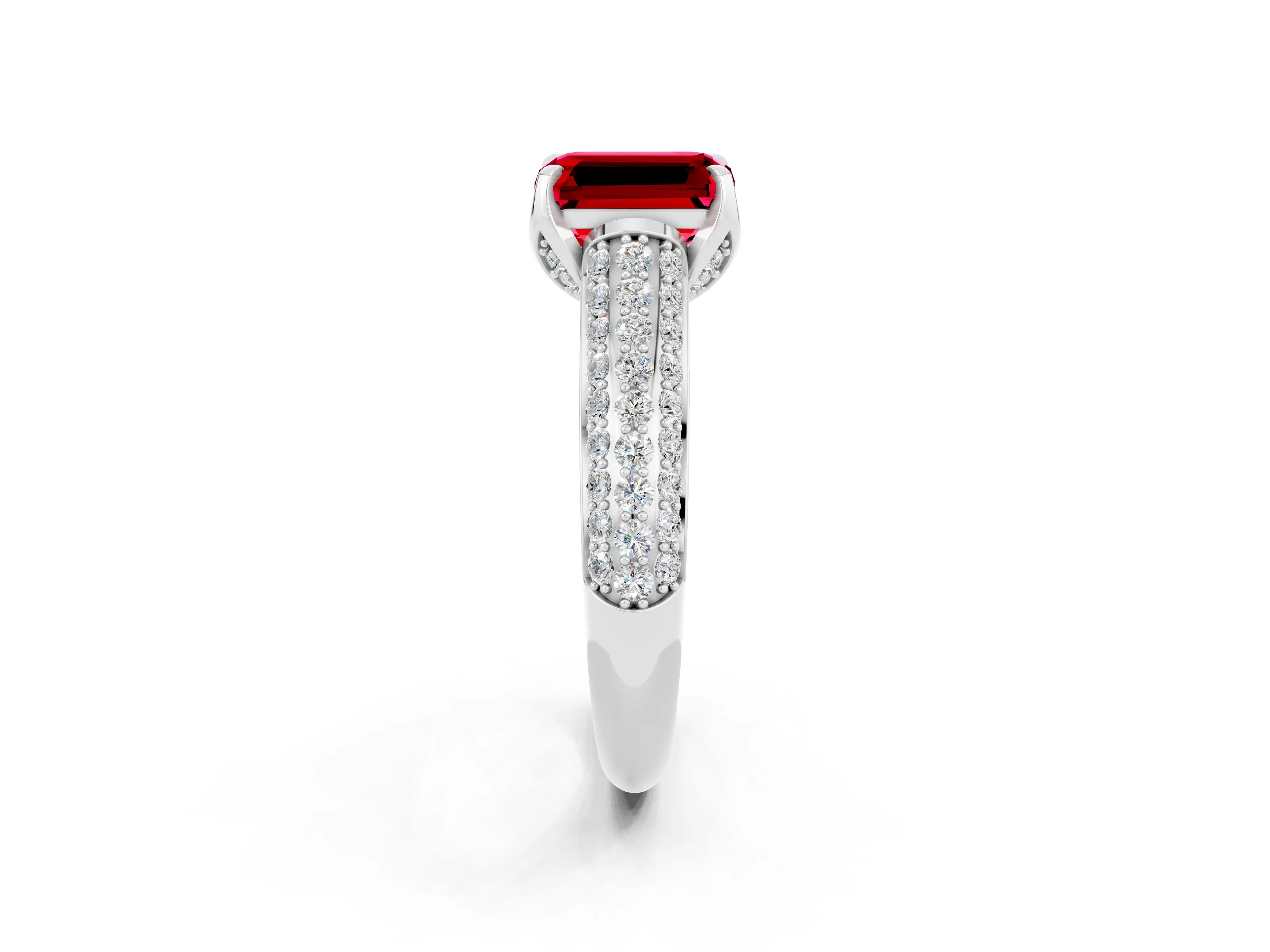 White gold Emerald Cut Ruby Solitaire Ring with Three-Row Pavé Band and Four-Prong Setting_14