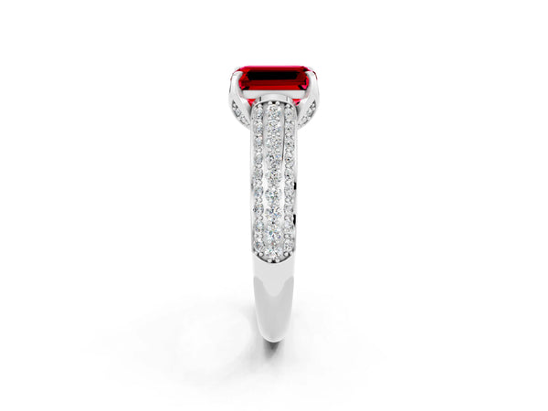 Silver Emerald Cut Ruby Solitaire Ring with Three-Row Pavé Band and Four-Prong Setting