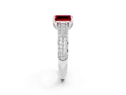 White gold Emerald Cut Ruby Solitaire Ring with Three-Row Pavé Band and Four-Prong Setting_14