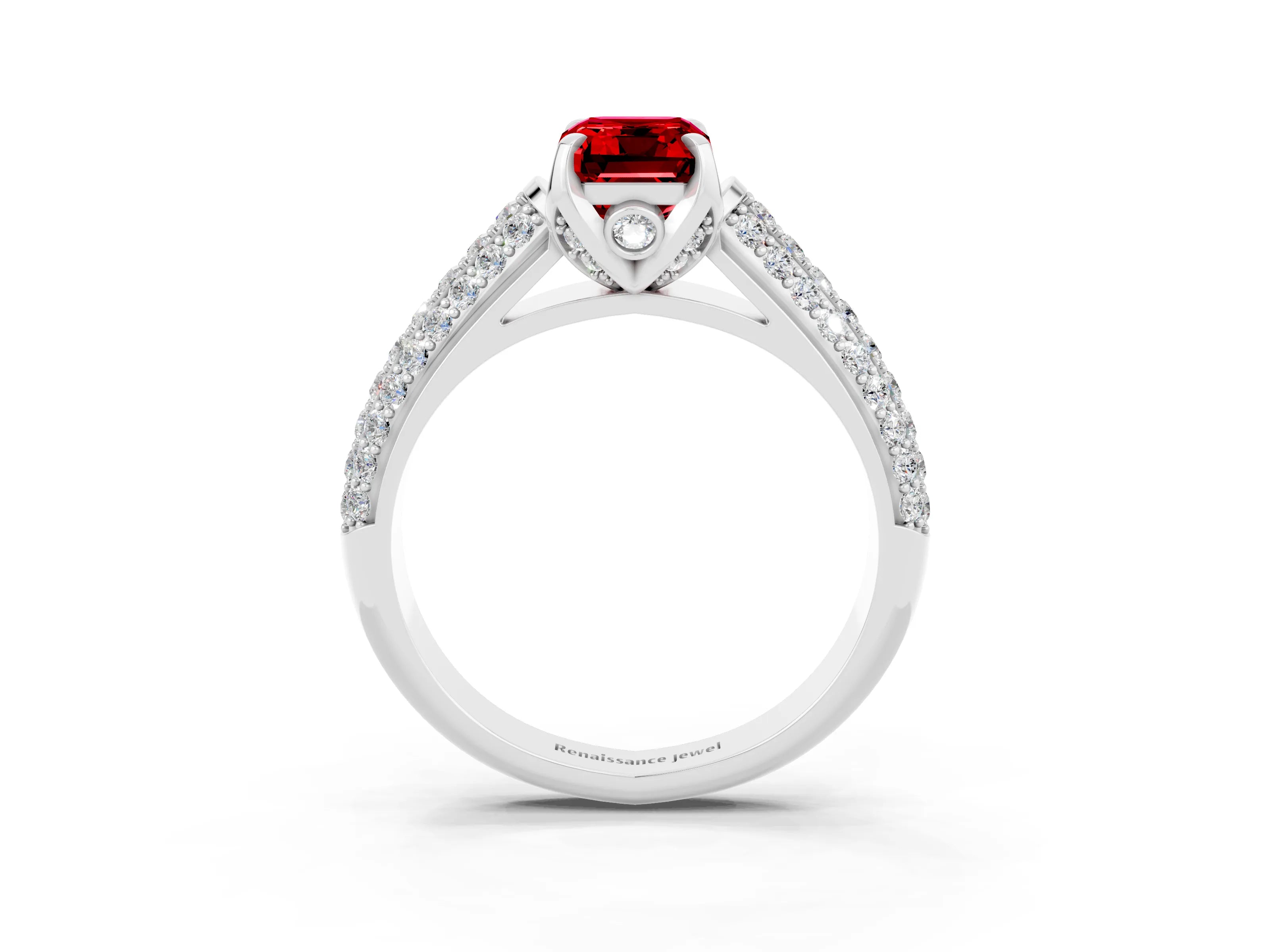 White gold Emerald Cut Ruby Solitaire Ring with Three-Row Pavé Band and Four-Prong Setting_15
