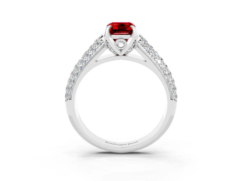 White gold Emerald Cut Ruby Solitaire Ring with Three-Row Pavé Band and Four-Prong Setting_15