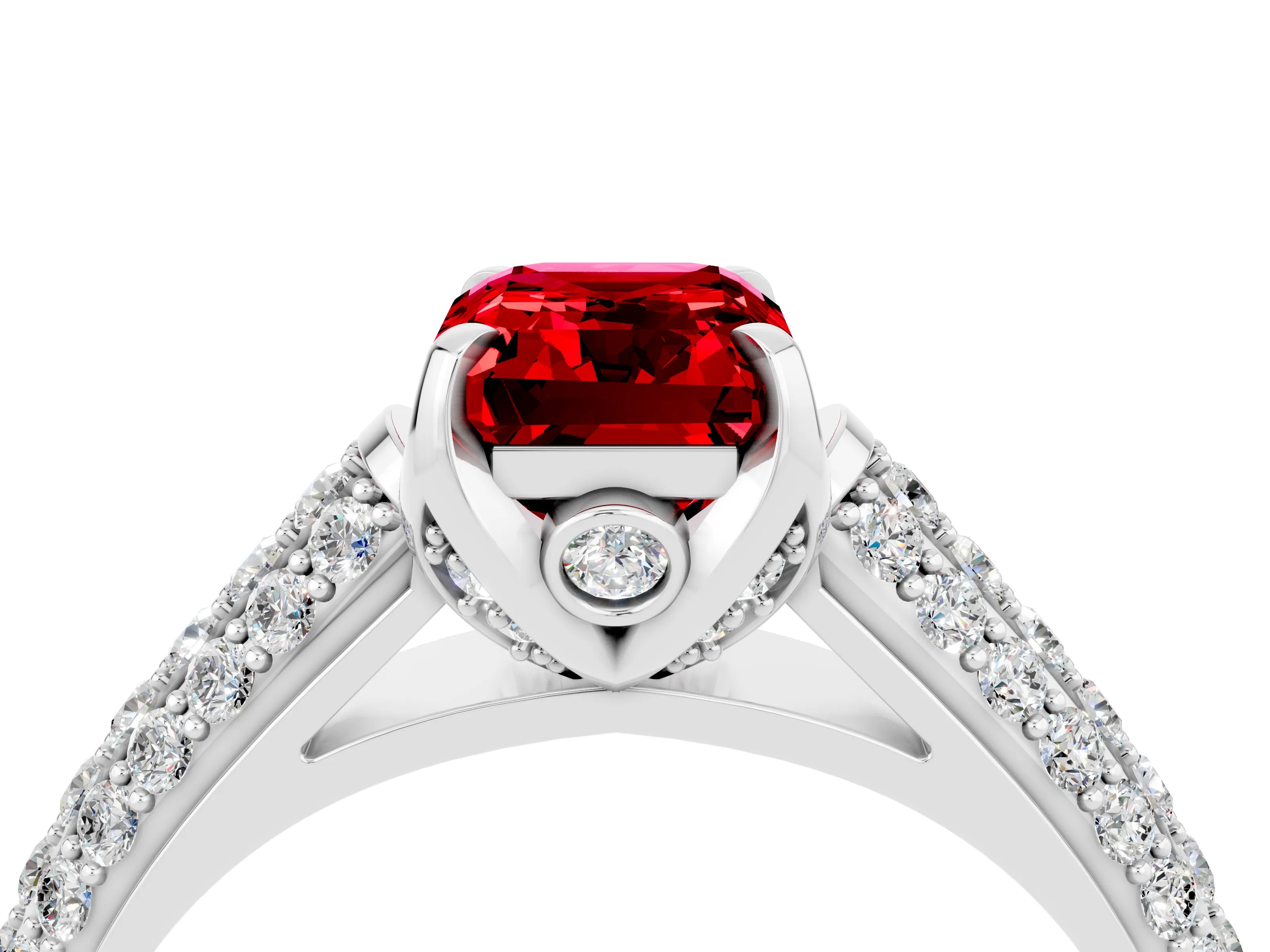 White gold Emerald Cut Ruby Solitaire Ring with Three-Row Pavé Band and Four-Prong Setting_16