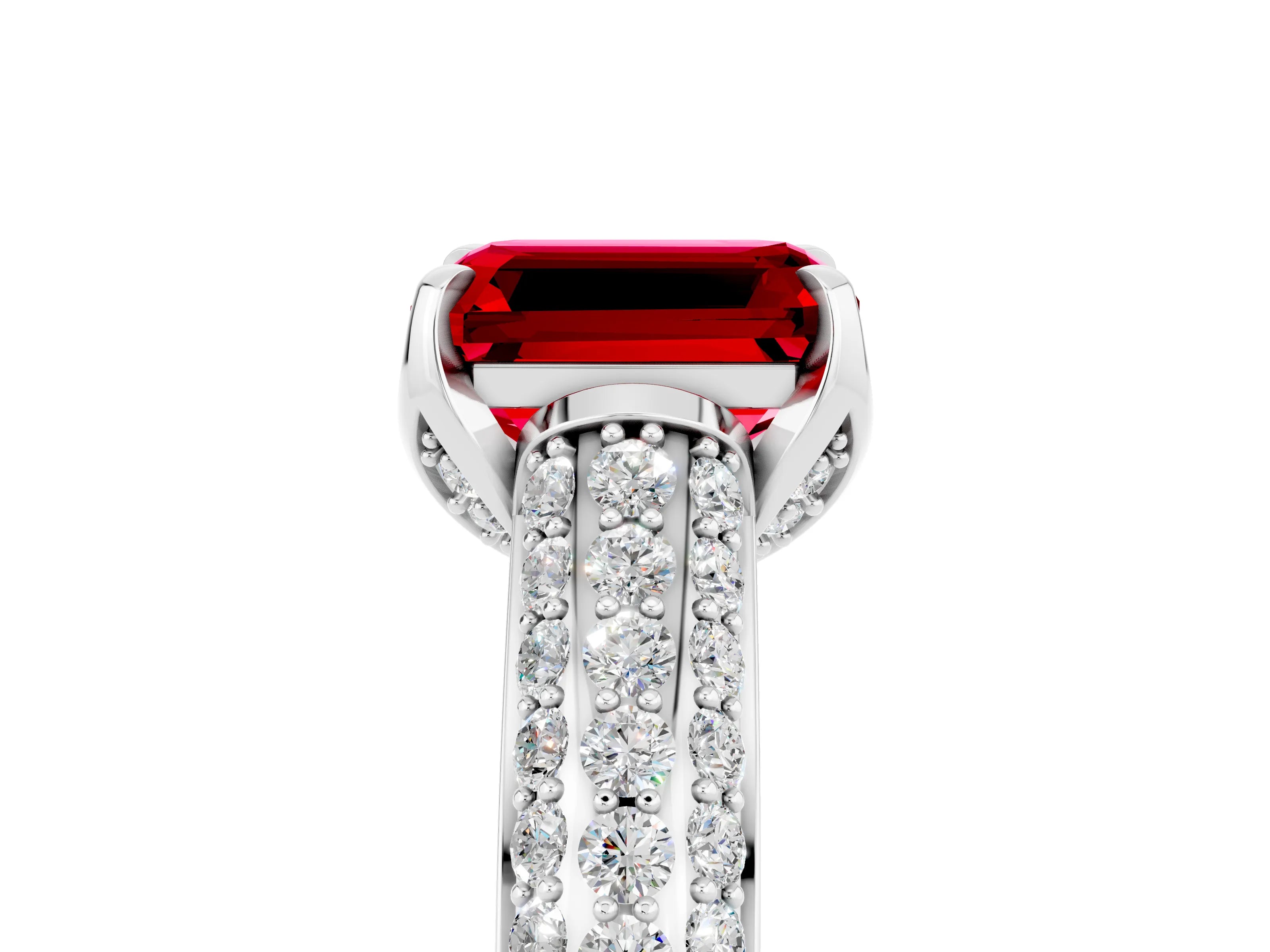 White gold Emerald Cut Ruby Solitaire Ring with Three-Row Pavé Band and Four-Prong Setting_17