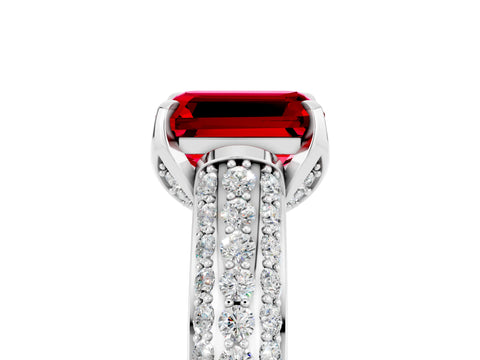 White gold Emerald Cut Ruby Solitaire Ring with Three-Row Pavé Band and Four-Prong Setting_17