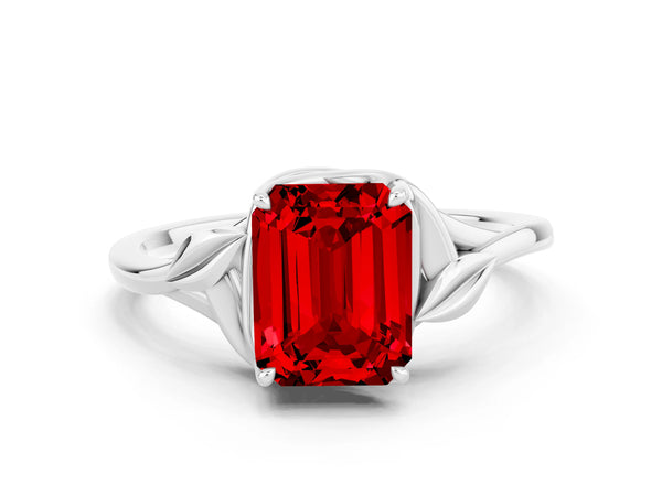 Silver Emerald Cut Ruby Solitaire Ring with Twist Band and Four-Prong Setting