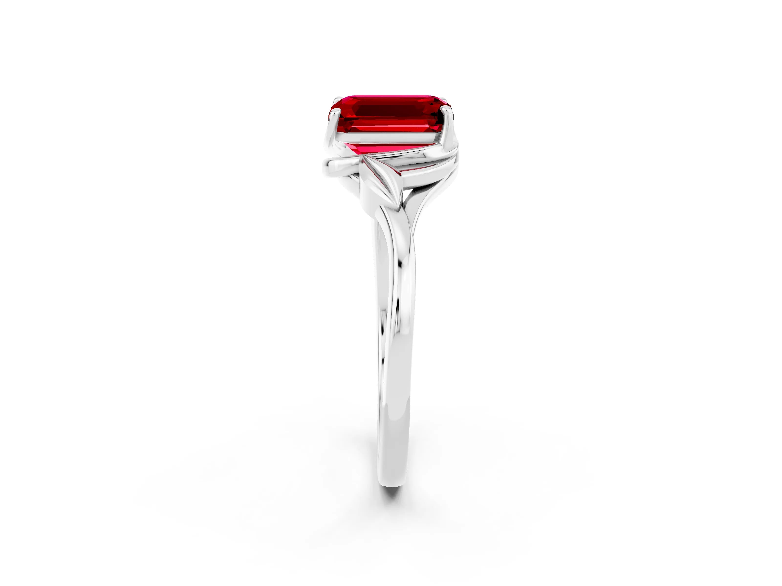 White gold Emerald Cut Ruby Solitaire Ring with Twist Band and Four-Prong Setting_14