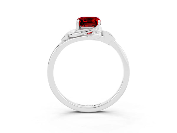 Silver Emerald Cut Ruby Solitaire Ring with Twist Band and Four-Prong Setting