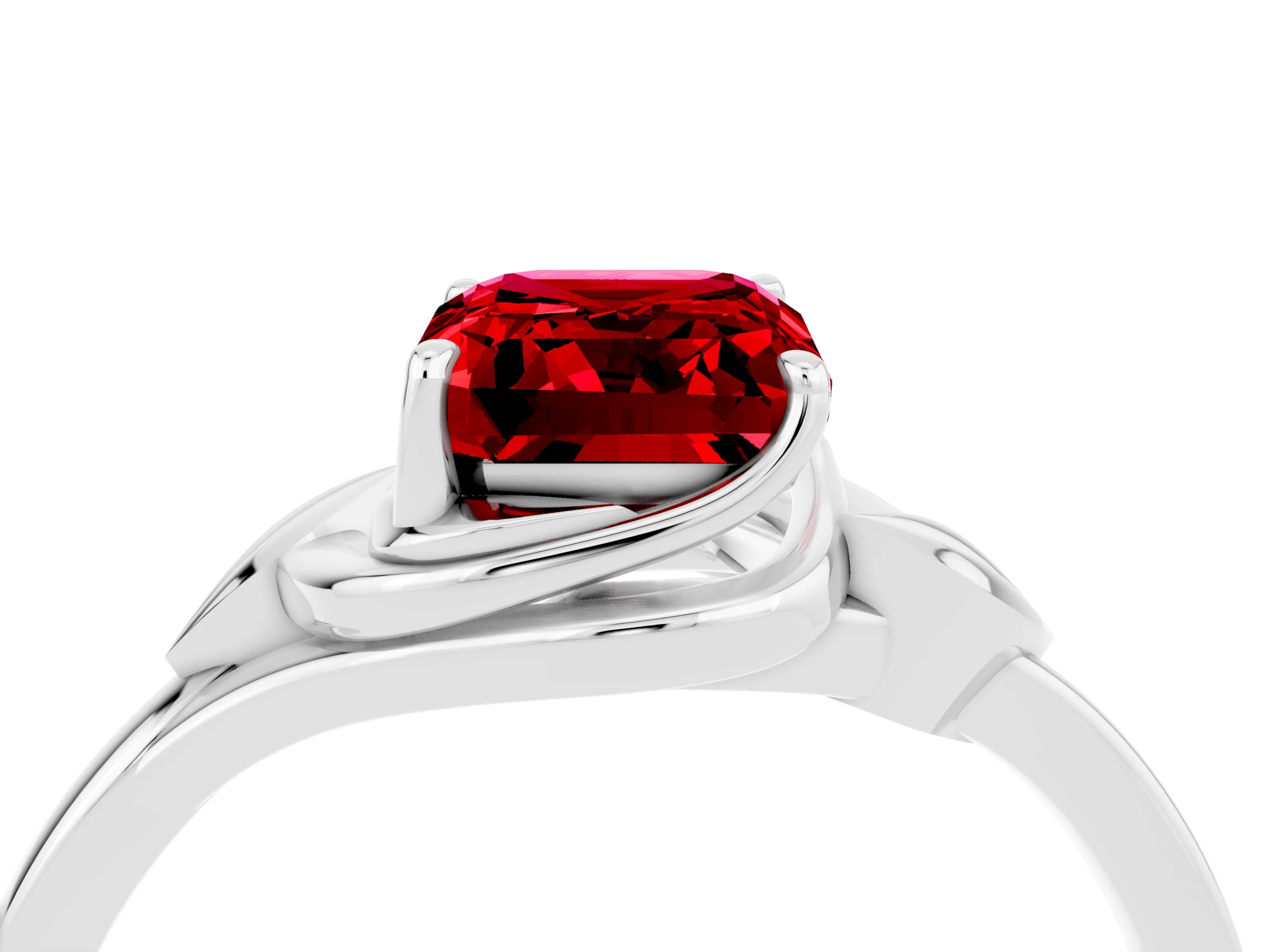 White gold Emerald Cut Ruby Solitaire Ring with Twist Band and Four-Prong Setting_16