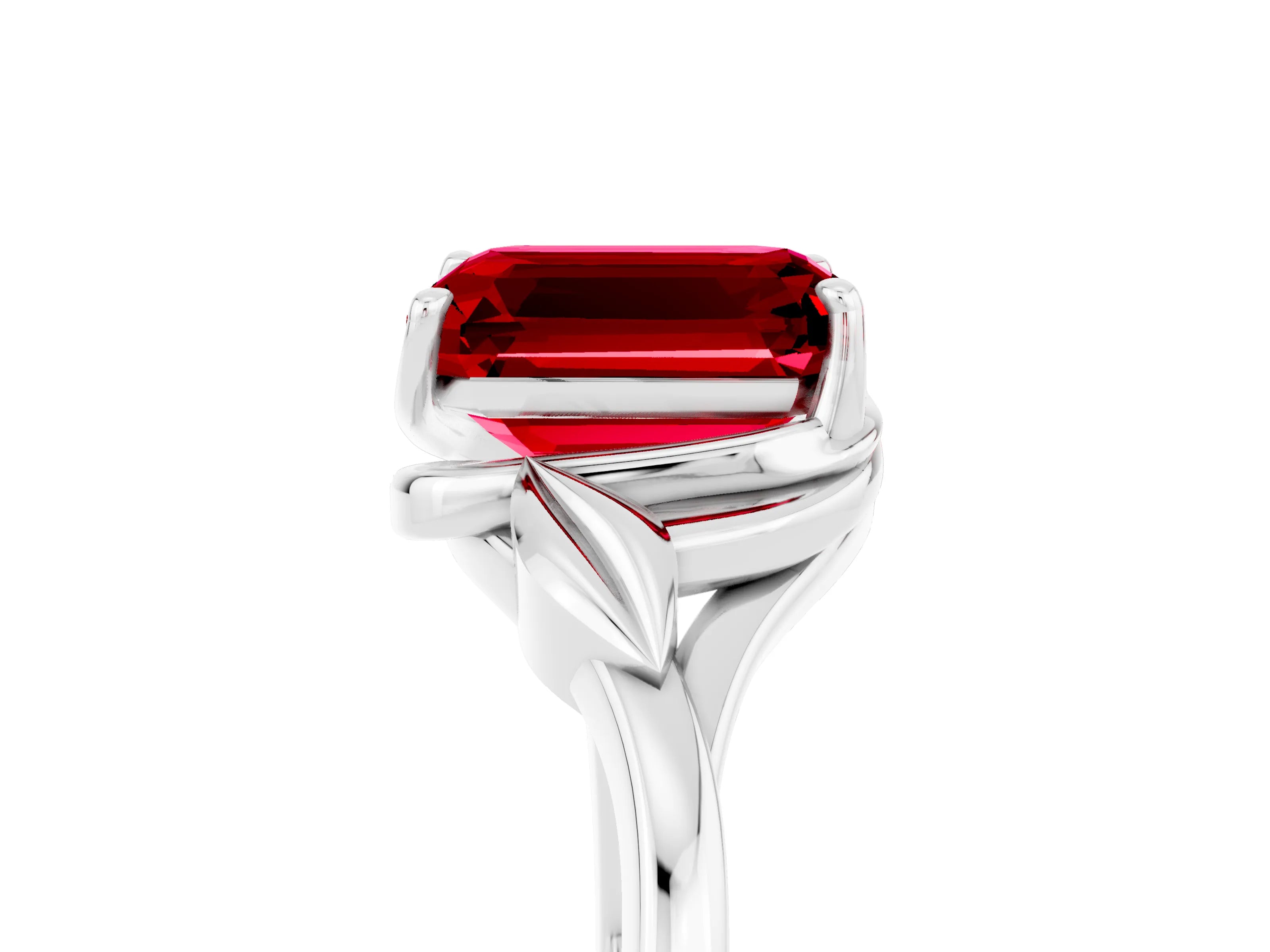 White gold Emerald Cut Ruby Solitaire Ring with Twist Band and Four-Prong Setting_17