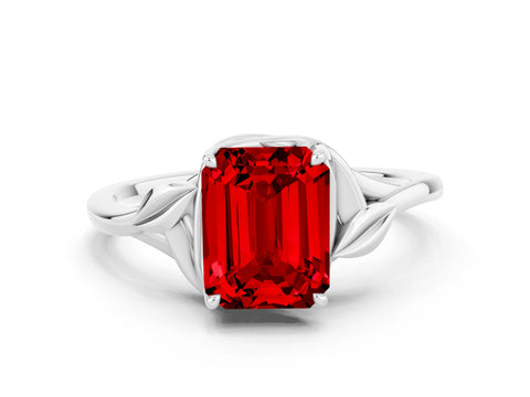 White gold Emerald Cut Ruby Solitaire Ring with Twist Band and Four-Prong Setting_36