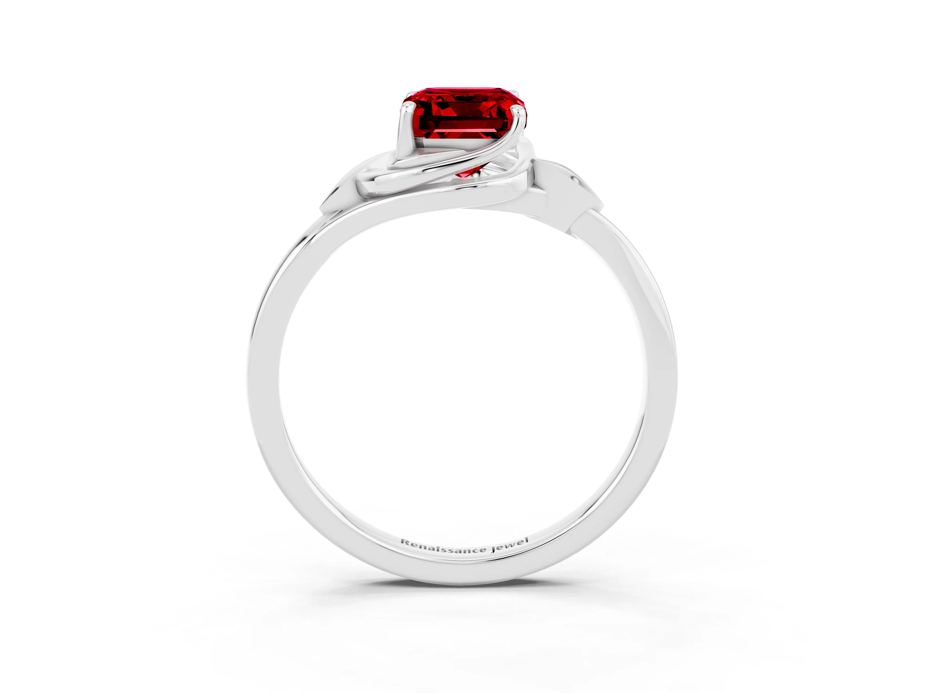 White gold Emerald Cut Ruby Solitaire Ring with Twist Band and Four-Prong Setting_39