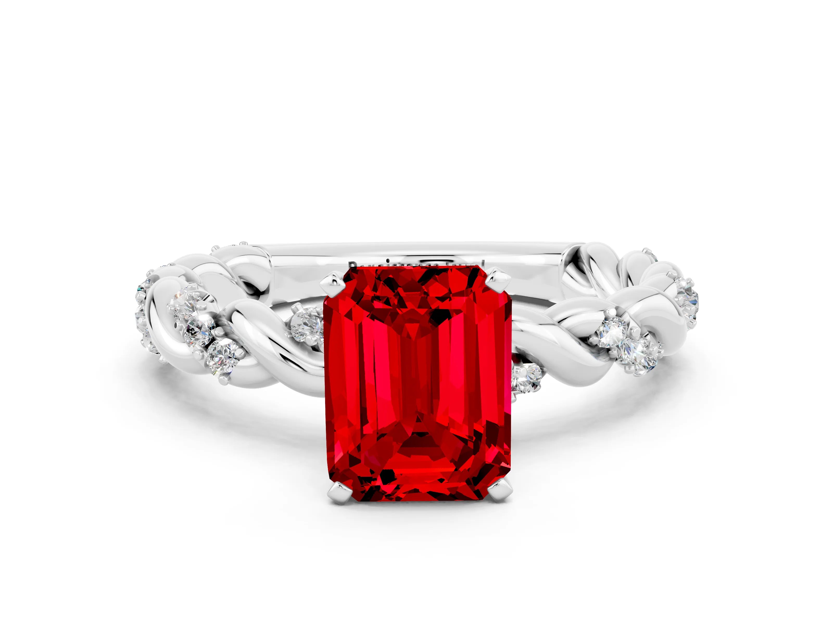 White gold Emerald Cut Ruby Solitaire Ring with Twisted Band and Pavé Accents