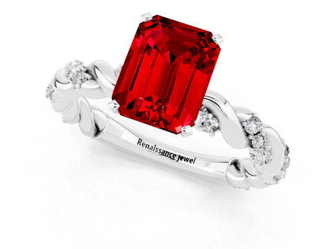 White gold Emerald Cut Ruby Solitaire Ring with Twisted Band and Pavé Accents_1