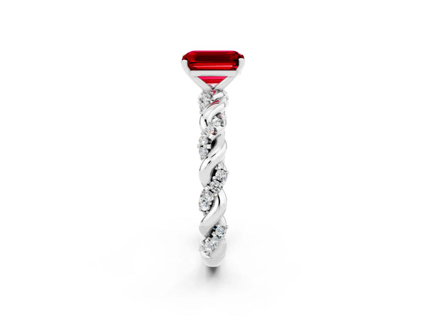 White gold Emerald Cut Ruby Solitaire Ring with Twisted Band and Pavé Accents