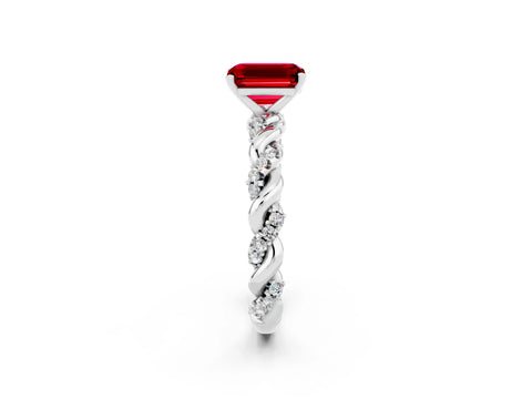 White gold Emerald Cut Ruby Solitaire Ring with Twisted Band and Pavé Accents_2