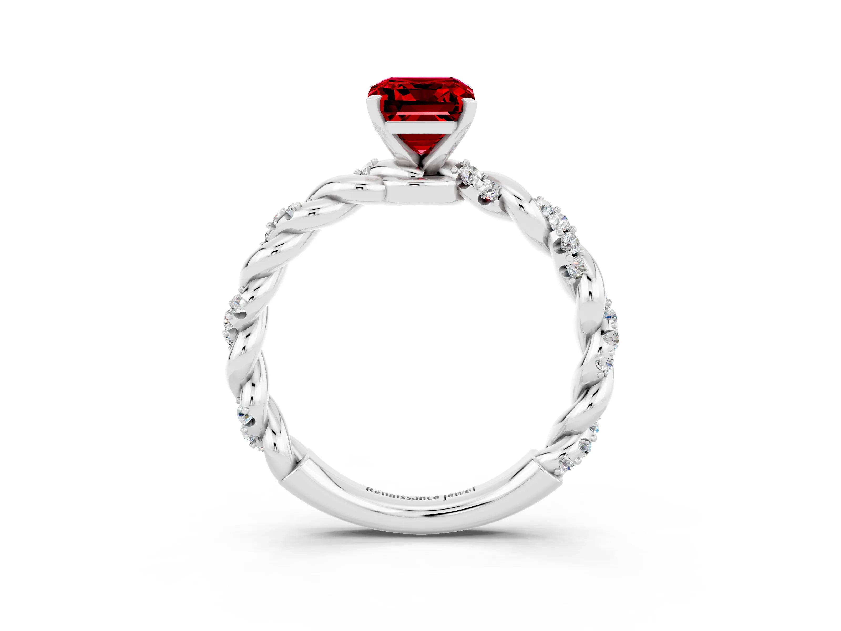White gold Emerald Cut Ruby Solitaire Ring with Twisted Band and Pavé Accents_3