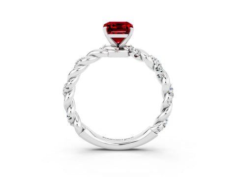 White gold Emerald Cut Ruby Solitaire Ring with Twisted Band and Pavé Accents_3