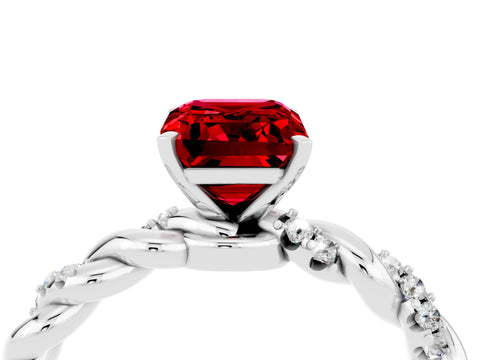 White gold Emerald Cut Ruby Solitaire Ring with Twisted Band and Pavé Accents_4